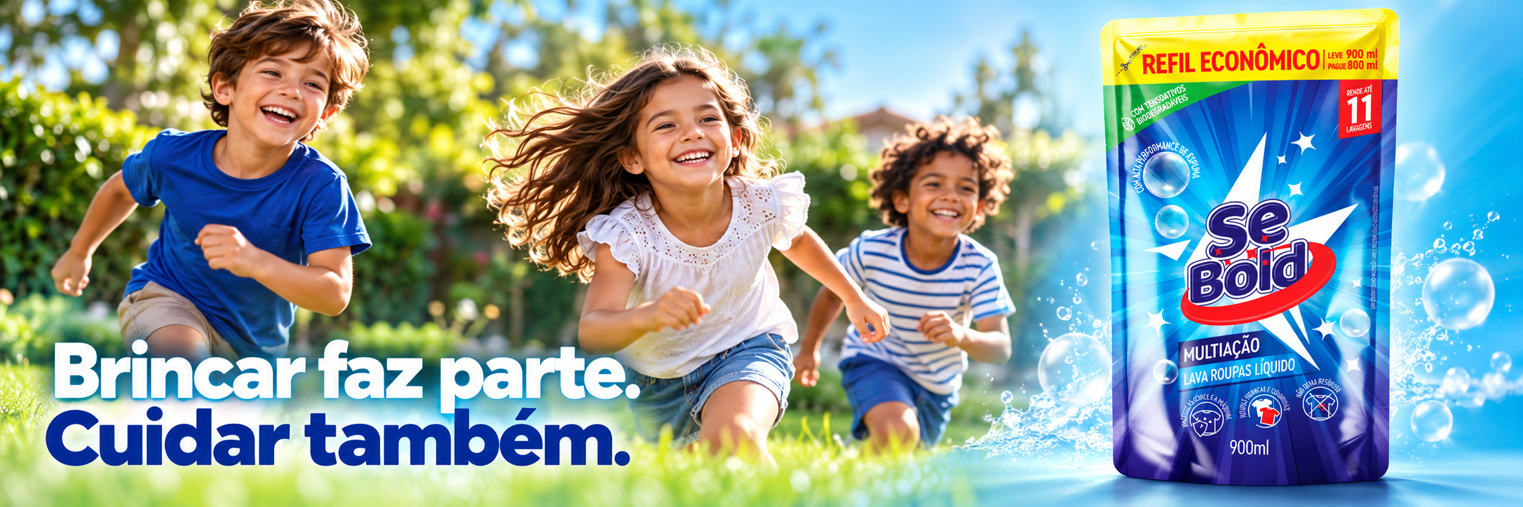 Crianças brincando ao ar livre e lava-roupas Multiação Sebold em sachê em destaque.