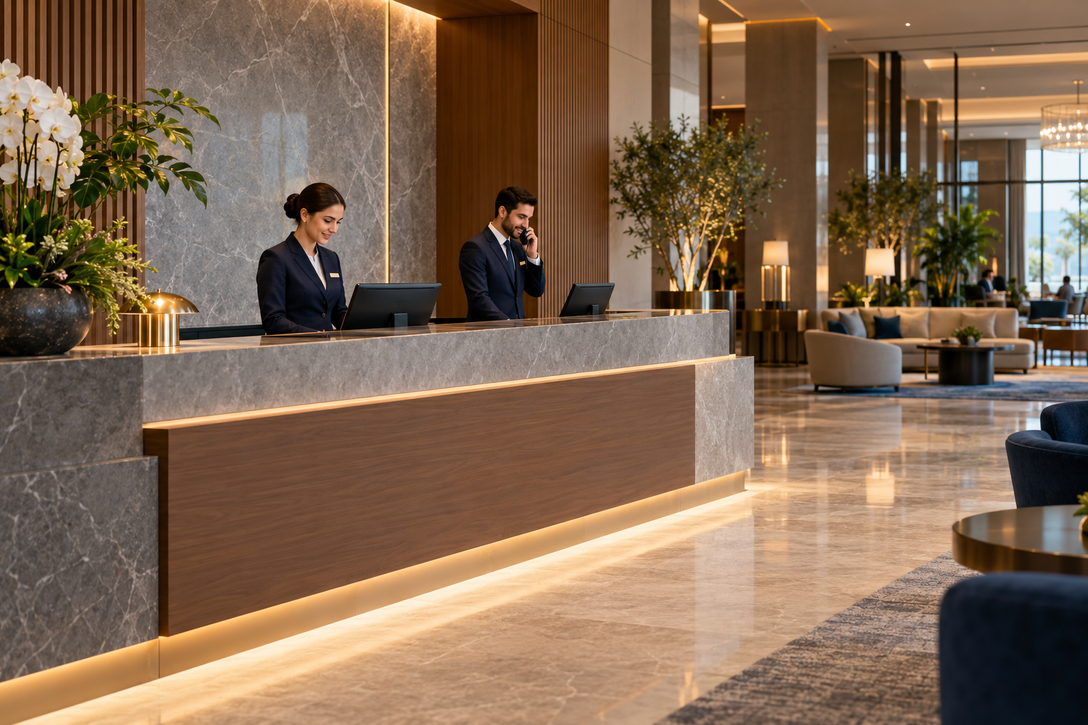 Recepção de hotel com equipe profissional — ambiente ilustrativo para operações de maior consumo