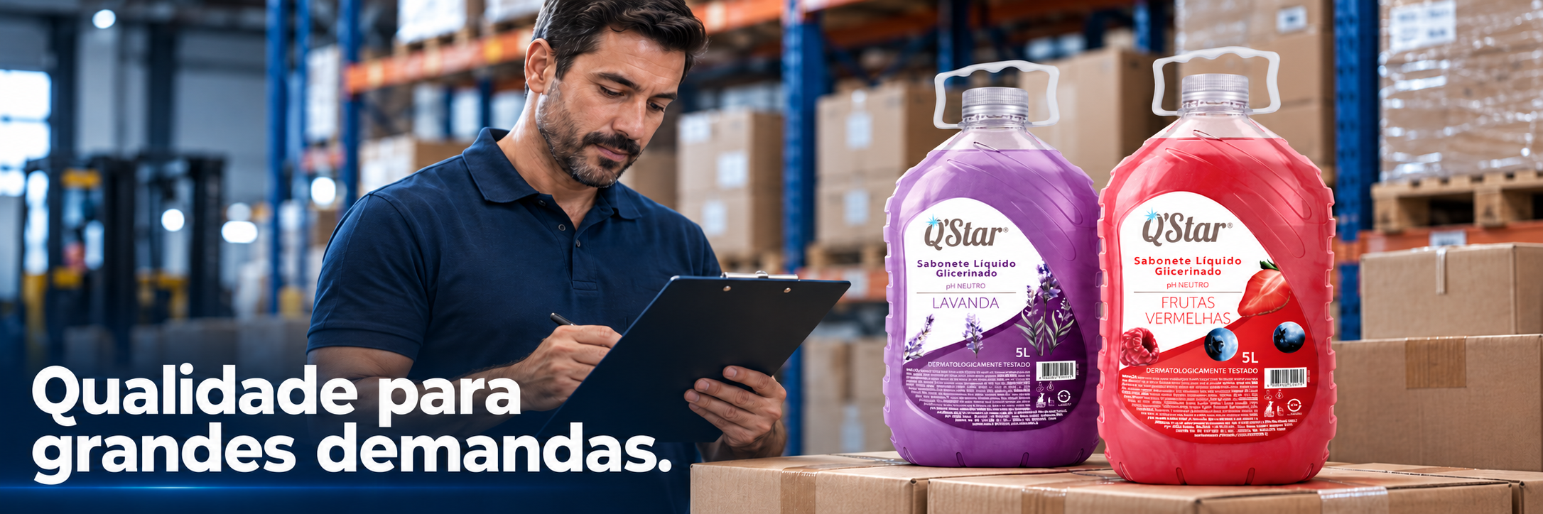 Profissional com prancheta em depósito e sabonetes Q’Star de 5 litros em destaque.
